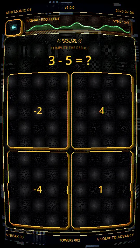 Daily run — math segment with answer tiles, signal HUD, and sync counter