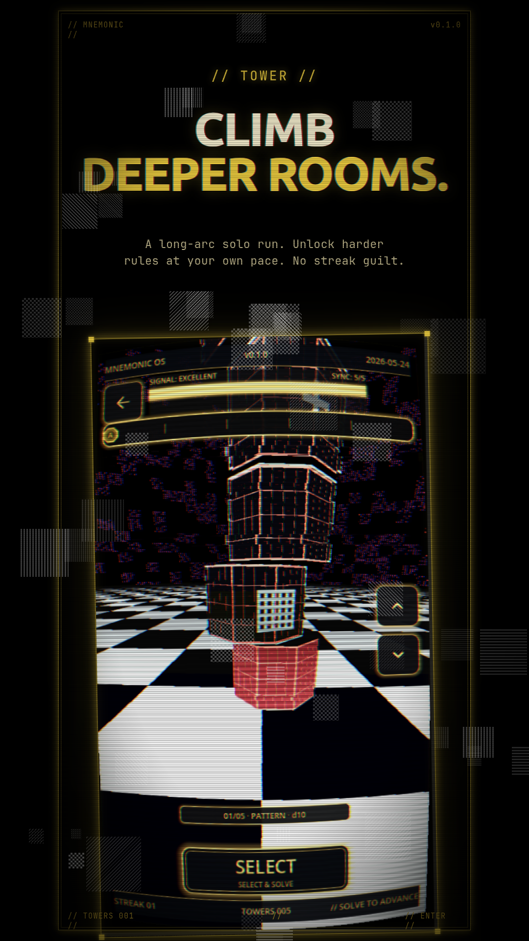 3D tower view with stacked puzzle segments on checkered floor