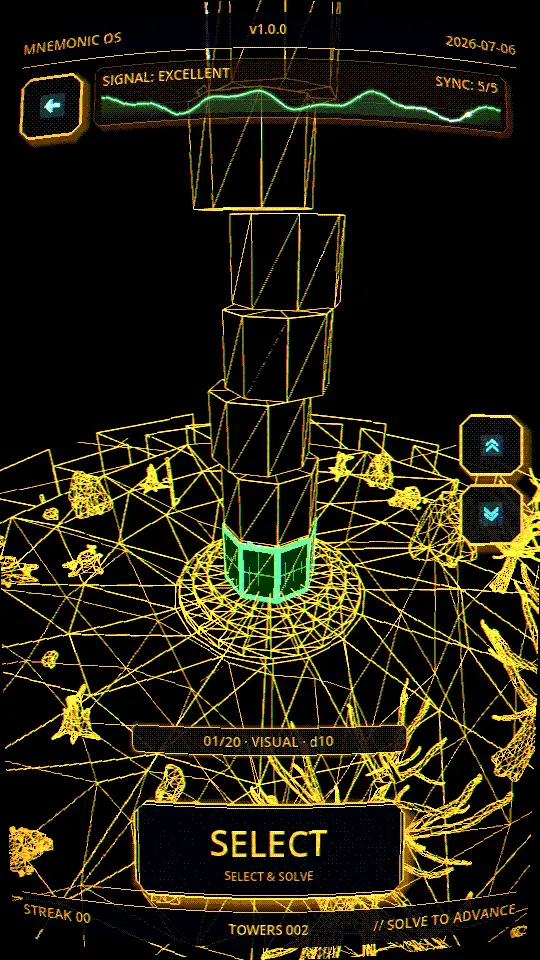 Solo tower launch pad — wireframe hologram island with stacked 20-segment tower