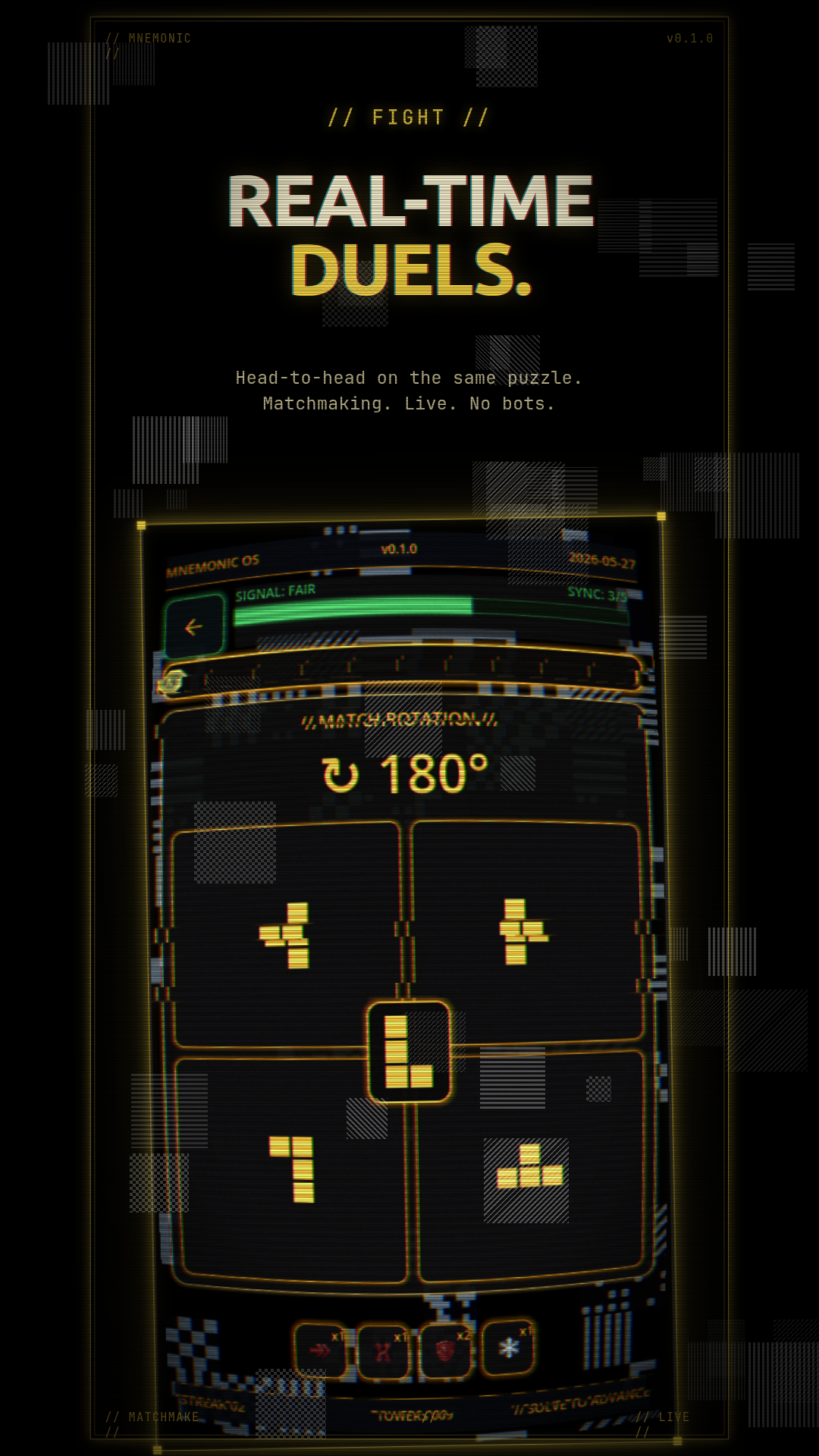 Real-time 1v1 duel — spatial rotation puzzle with opponent rail and power-up bar