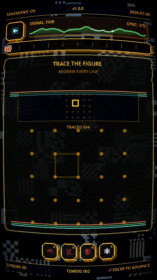 Multiplayer race — trace-the-figure puzzle with opponent strip and SKIP, INVERT, SHIELD, FREEZE power-up bar
