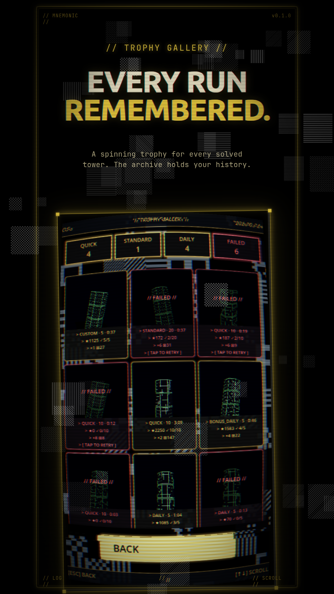 Trophy gallery grid with spinning 3D tower trophies and run stats