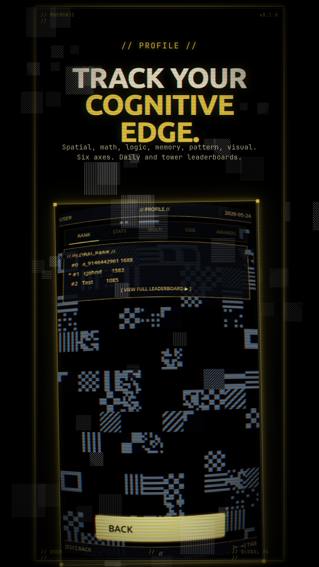Profile screen with global leaderboard, per-puzzle Elo, and cognitive radar