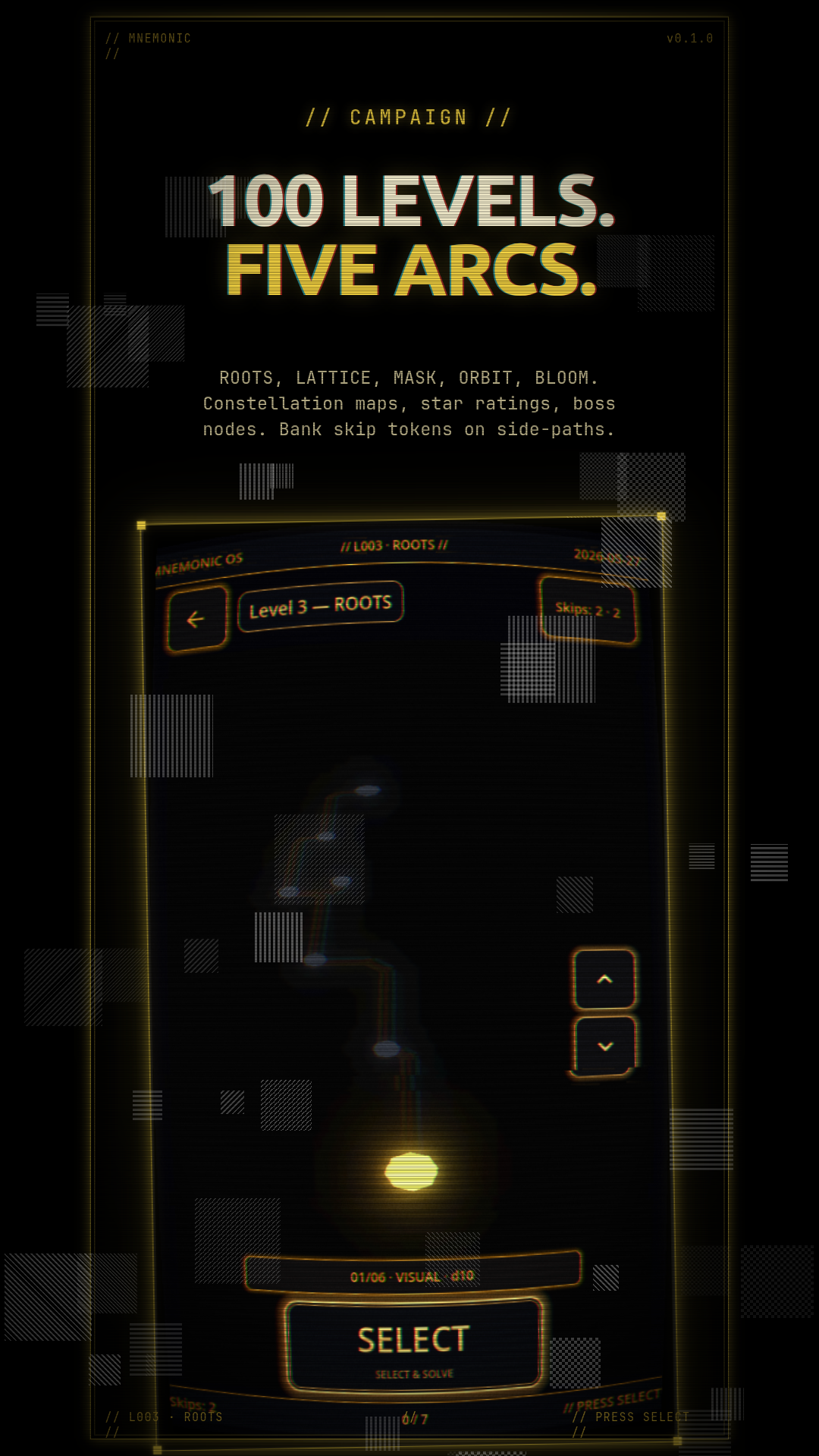 Campaign constellation map — Level 3 ROOTS arc with branching paths and skip tokens