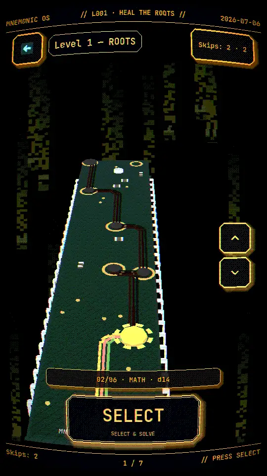 Campaign level HEAL THE ROOTS — circuit-board island map with node path, skip tokens, and SELECT prompt